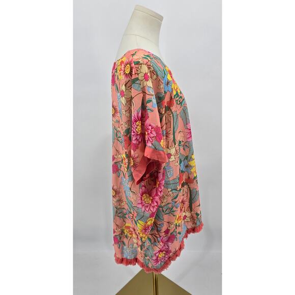Umgee Plus 1XL Boho Cottagecore Floral F Hem Fringe Top Pink Multi - Picture 2 of 5